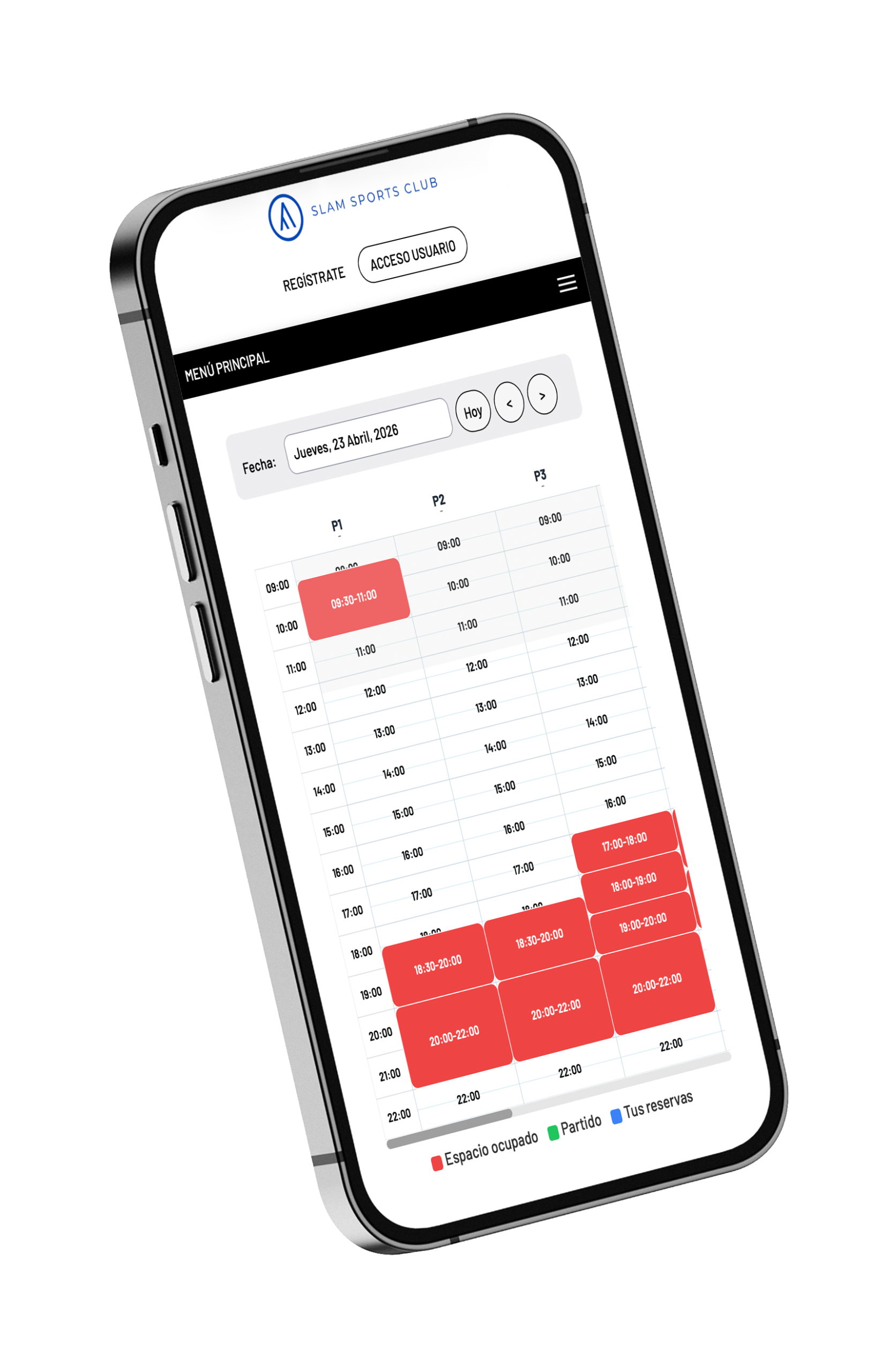 Pantalla de móvil con reservas de pistas y horarios en Matchpoint